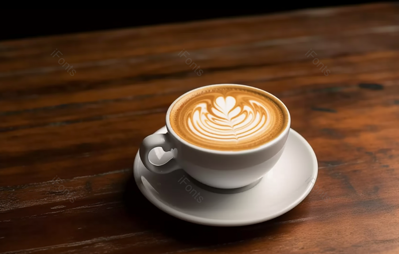 一杯咖啡拿铁咖啡拉花花纹盛放在陶瓷杯子和托盘上木桌背景图像摄影,高清,摄影图,摄影图片,图片大全,摄影图免费下载